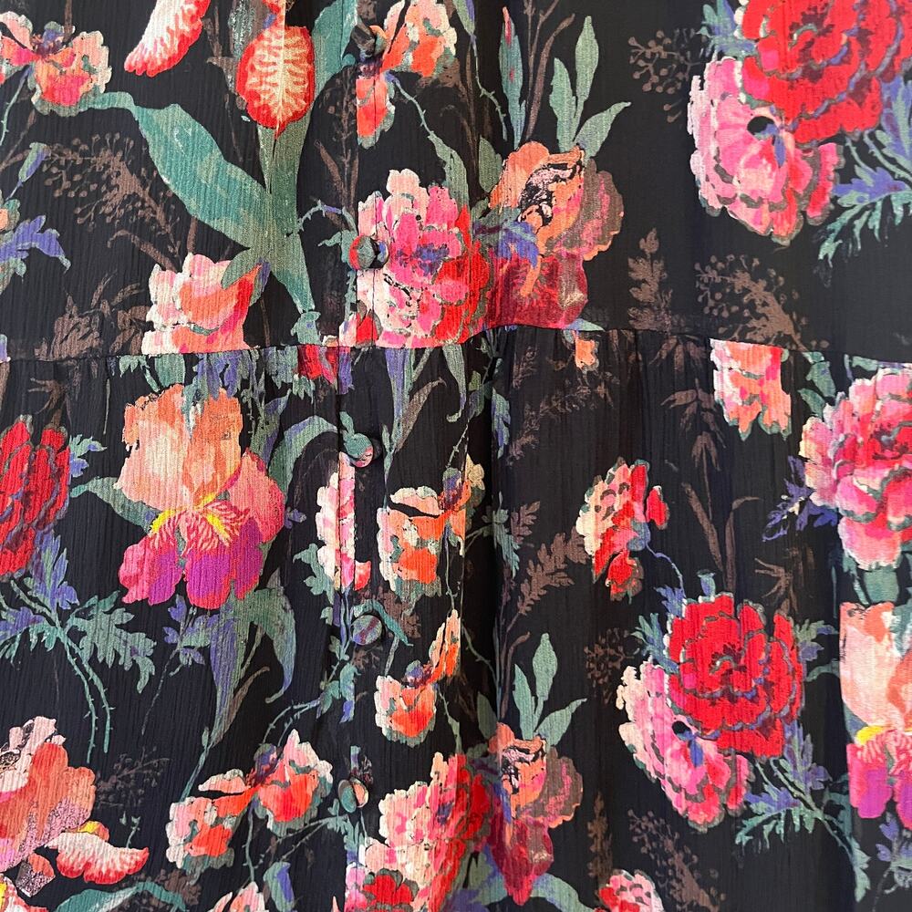 Paige Paradis 100% Silk Ruffle Floral Midi Dress M Dark Romantic Wedding Guest - Picture 5 of 13